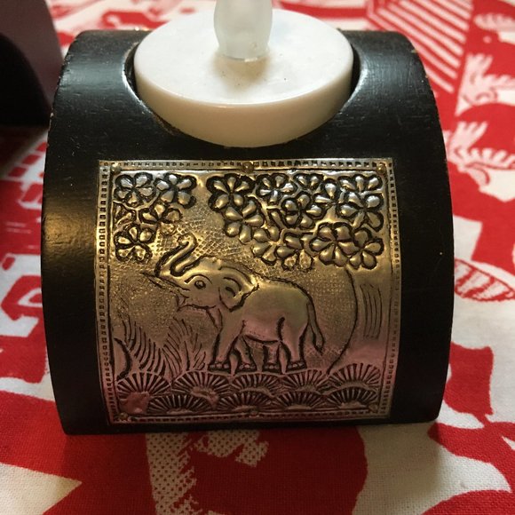 Vintage 90s Elephant Stamped Metal Wooden Space Saver Candle Holders - Picture 7 of 11